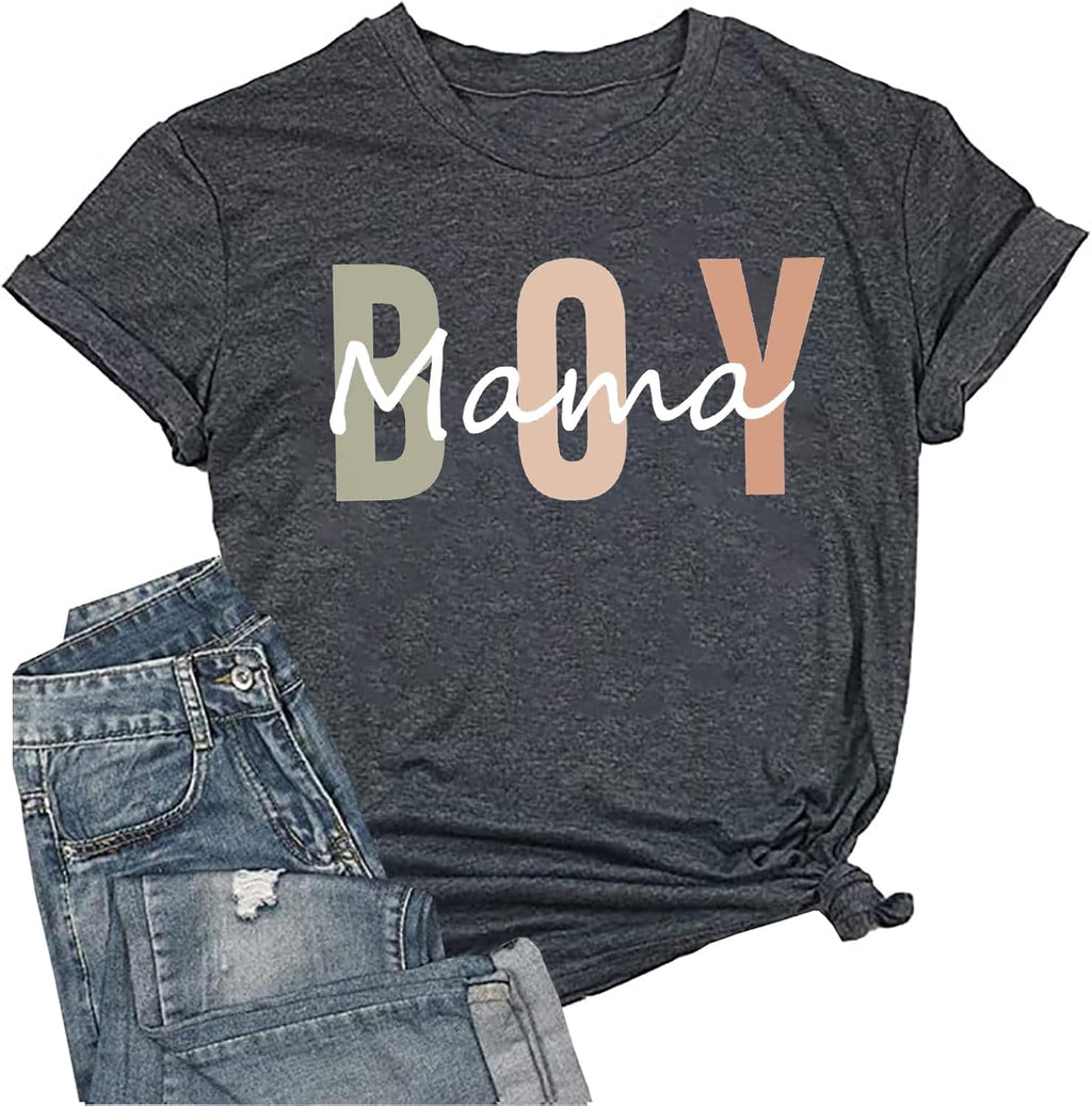 Funny Boy Mama Shirt for Women - Mom Letter Print Tshirt Boy Mom Short Sleeve Shirt Mothers Day Tee Top