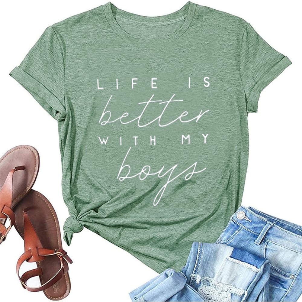 Life is Better with My Boys Women Funny Mom Gift Shirts Graphic Summer Short Athletic Casual Workout Tops Mother Shirt
