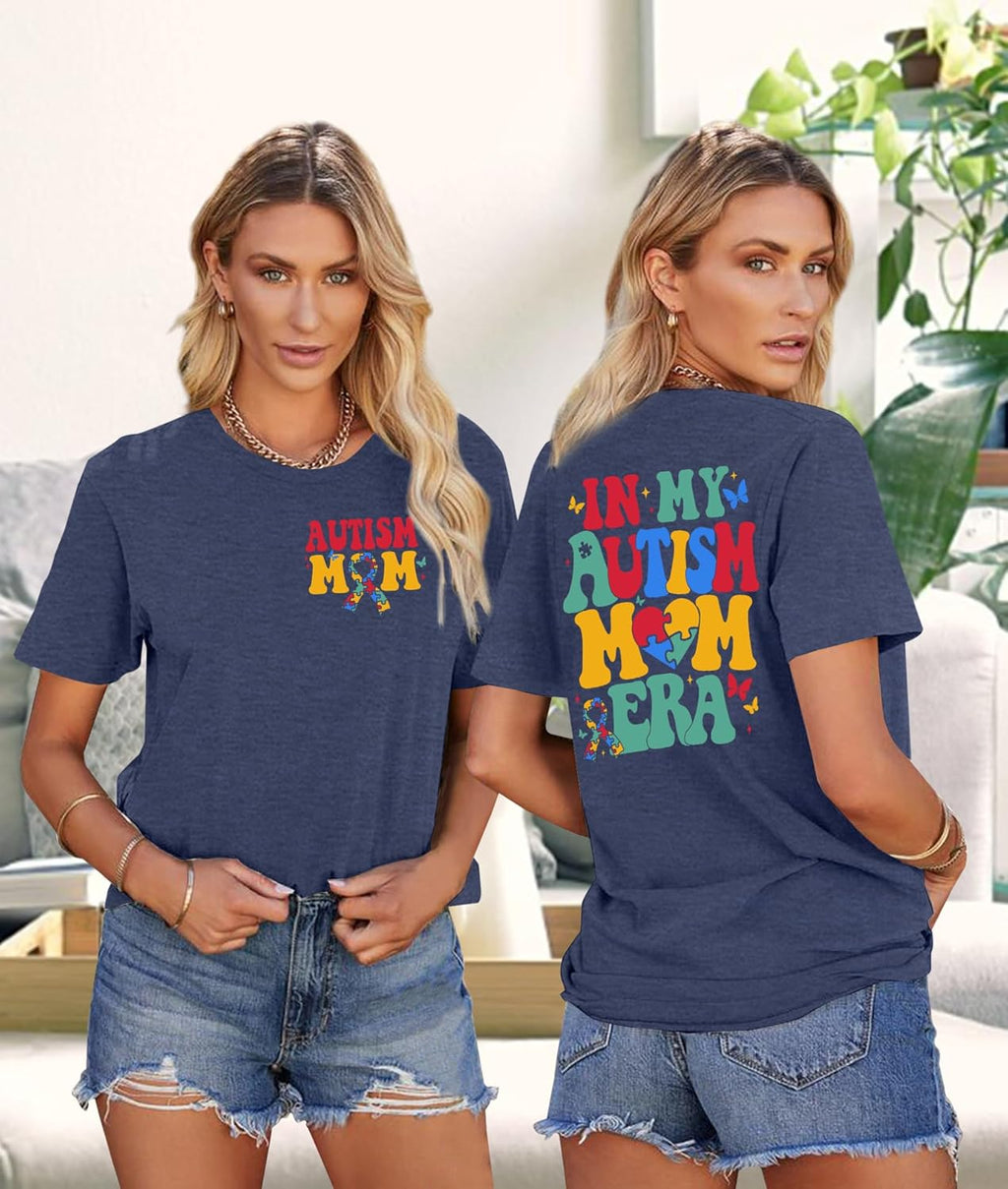 PICKID Autism Awareness Shirt Women Autism Mom T Shirt in My Autism Mom Era Print Tee Inspirational Short Sleeve Tops