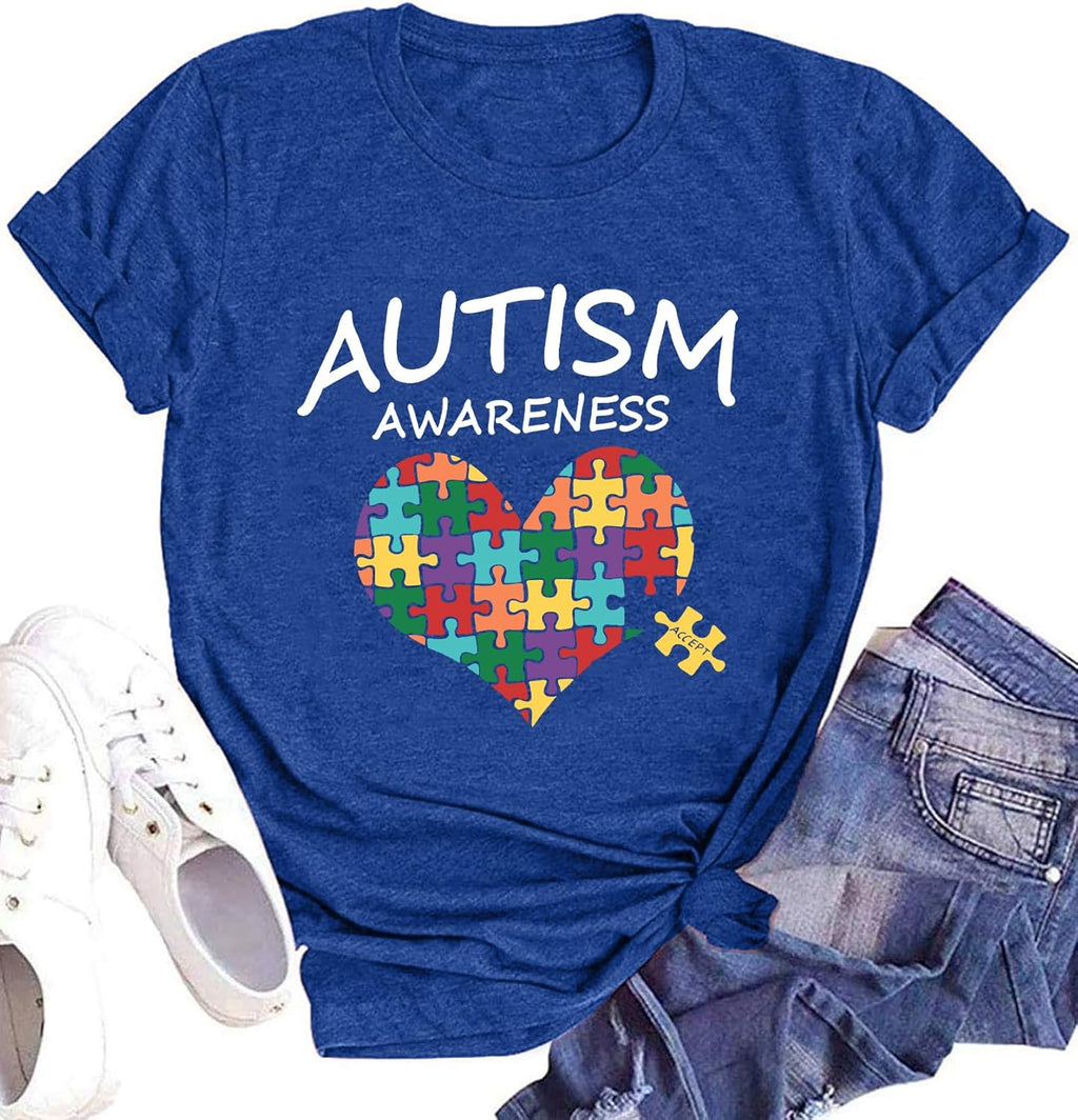 hohololo Autism Awareness Shirt Womens Autism T-Shirt Teacher Puzzle Heart Graphic Tee Autism Acceptance Tops